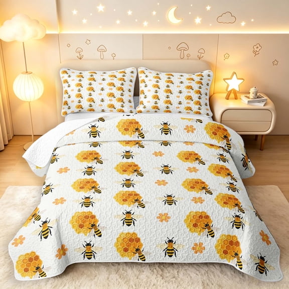 Erosebridal Kawaii Bug Bee Twin Quilt Set,Cartoon Floral Twin Coverlet Set,White Black,2pcs,1 Bedspread and 1 Pillowcase