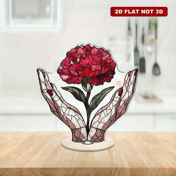 Rotating acrylic ornament showcasing hands cradling a vibrant carnation, symbolizing motherly love with vivid colors and delicate glass-like details