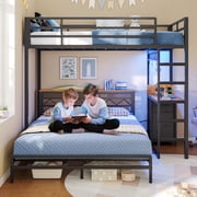 Twin Over Full Bunk Bed with Led Lights and 4 Drawers,L-shaped Bunk Bed with Desk,Metal Bunk Beds with Storage Headboard and Charging Station,Loft Bed with Safety Guardrail and Ladder,Black