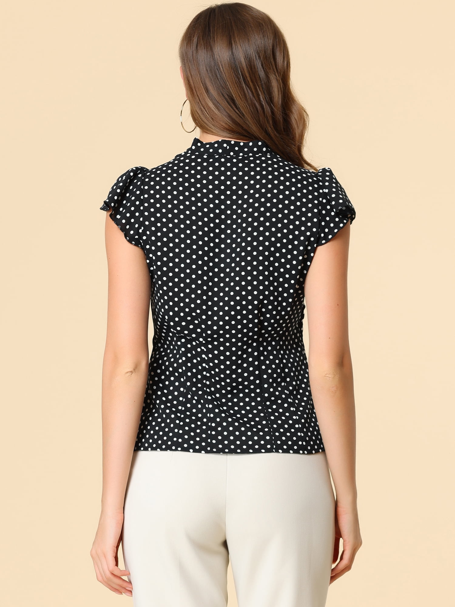 DARING DIVA Polka Dots Ruffled Sleeve Tie Neck Blouse XL Black