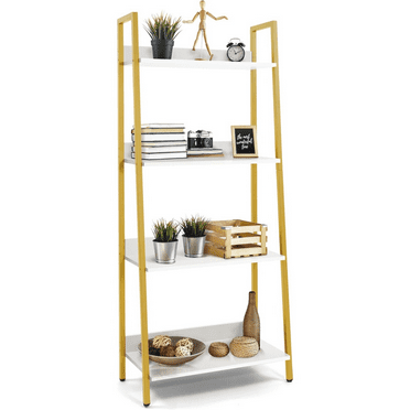 4 Tier Ladder Bookshelf, 24 Inch Width Free Standing Shelf, Bookcase Shelf Storage Rack Organizer, Industrial Book Shelves for Home Office, Living Room, Kitchen, White Shelves & Gold Frame