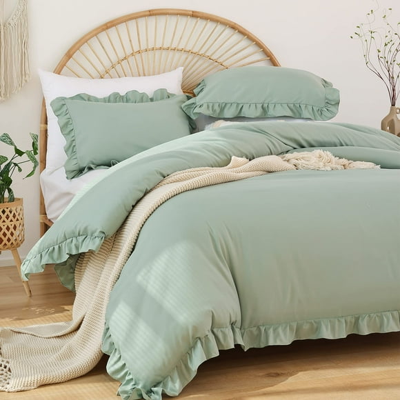 JANZAA Queen comforter Set Sage green 3PcS1 Ruffled comforter Set and 2 Pillowcases Vintage Farmhouse Shabby chic Bedding Soft Fluffy comforter Set All Season