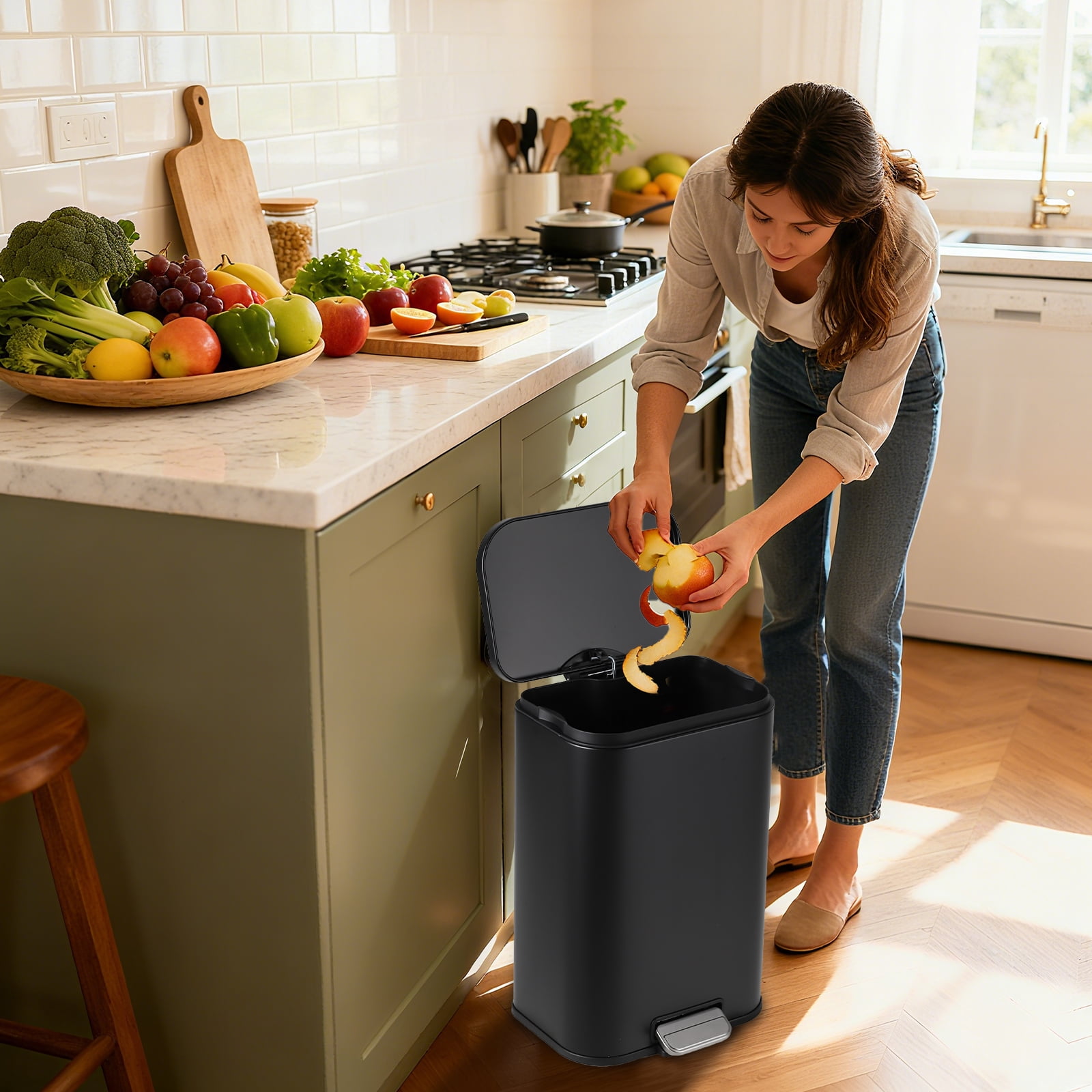 Trash Can for Kitchen, Stainless Steel Garbage Can with Soft-Close Lid, Removable Inner Bucket, Fingerprint-Proof Recycling Bin for Home Office Bedroom