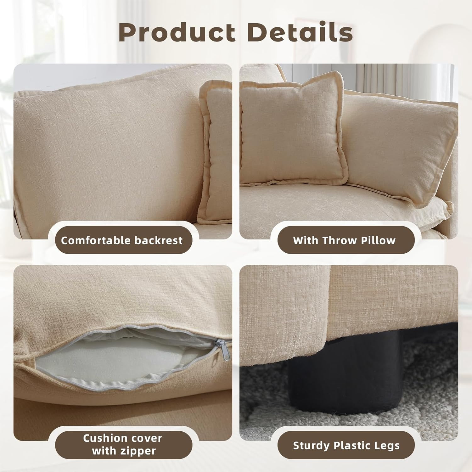 VEPXXP 75.9" Chenille Modular Loveseat, Deep Seat 2-Seater Couch with 4 Throw Pillows, Modern Cloud Sofa for Living Room Apartment Small Space, Beige