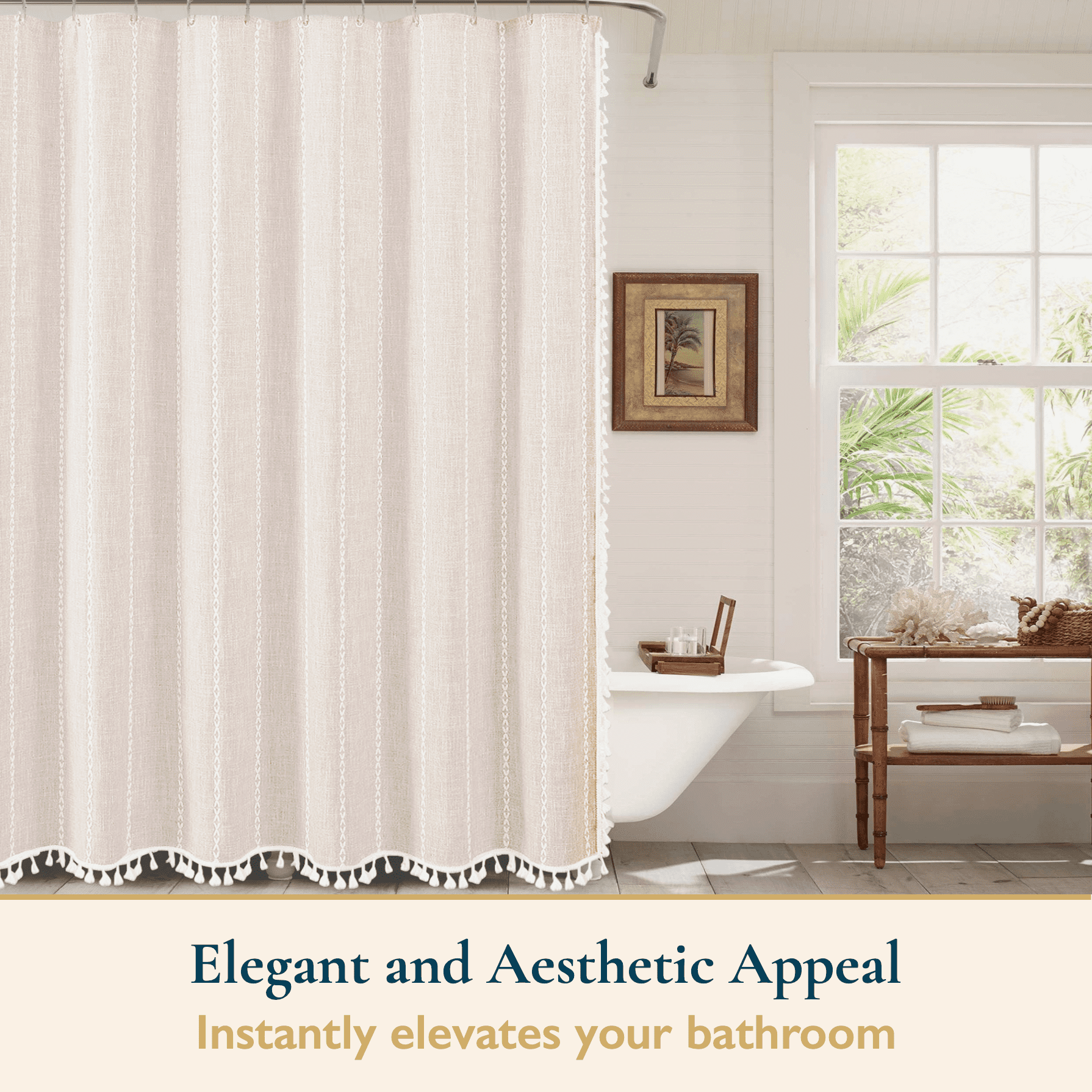 ComfiTime Tassel Shower Curtain Set with Hooks – 330 GSM Heavy-Duty Fabric Cloth, Boho Farmhouse Bathroom Curtain, Embroidered Hotel Luxury Linen, Water-Repellent, Machine-Washable, 72” x 72”, Beige