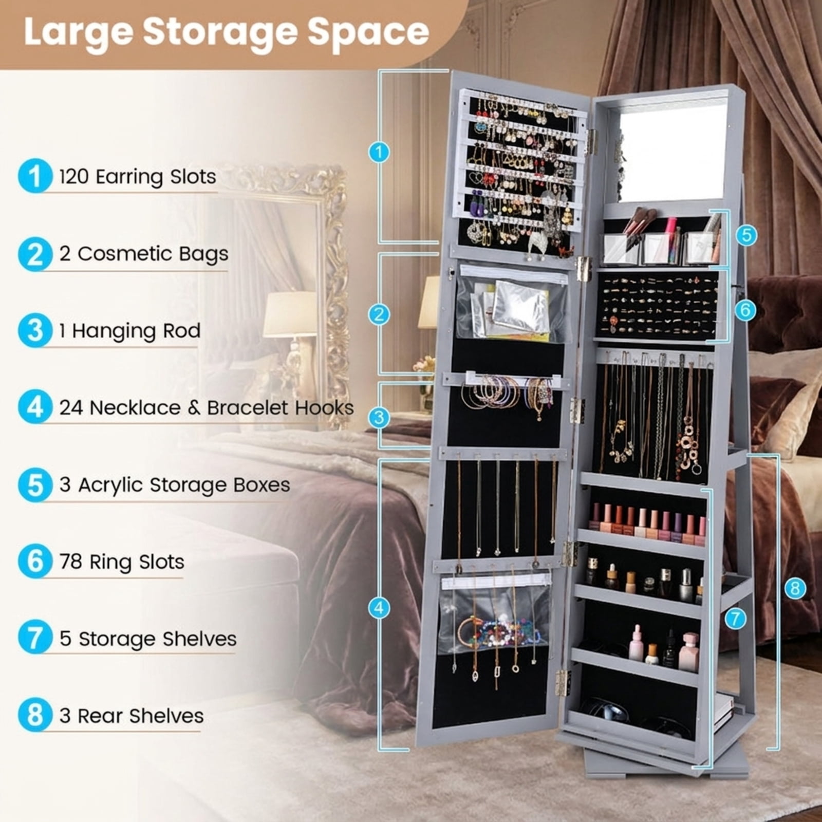 Furnibear 360° Rotatable 2-in-1 Lockable Jewelry Cabinet with Full-Length Mirror for Bedroom Dressing Room Jewelry Necklace Rings Storage Mirror, Gray
