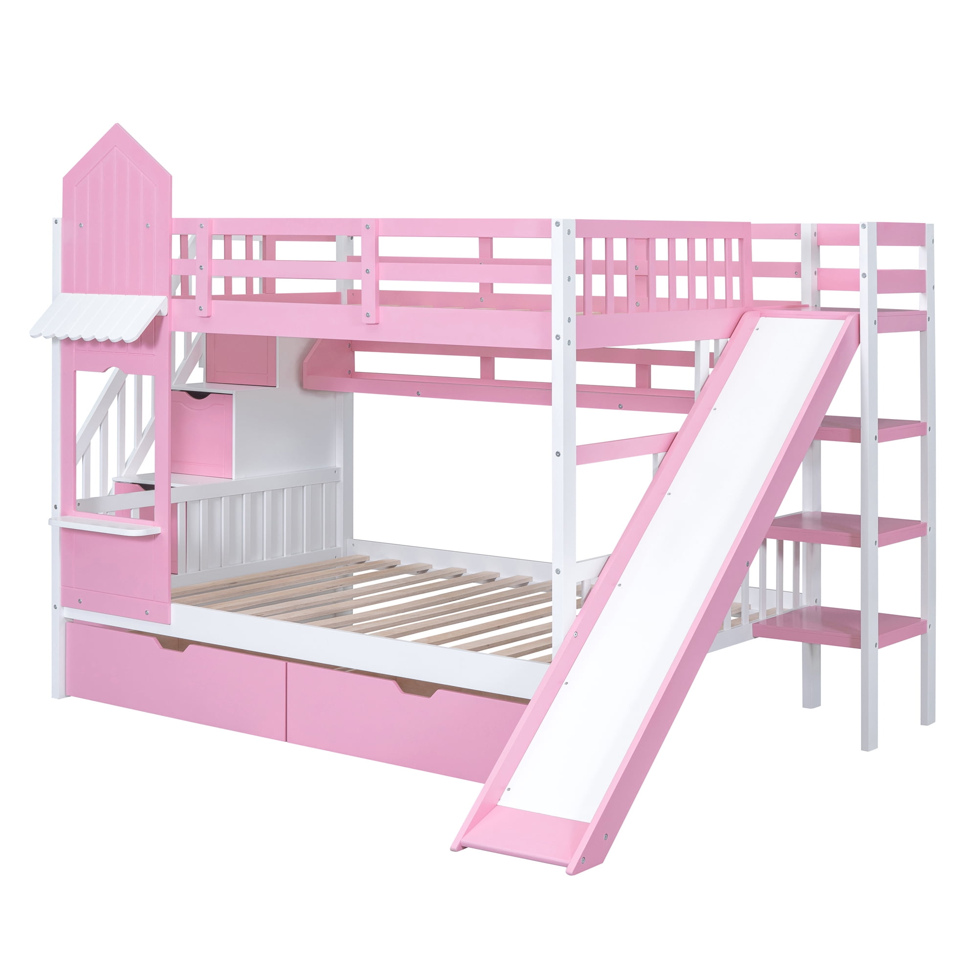 Full over Full Bunk Bed for Kids, Castle Style Bunk Beds with 2 Drawers, Slide and Storage Shelves, Solid Wood Bunk Bed Frame for Kids Girls Boys Teens