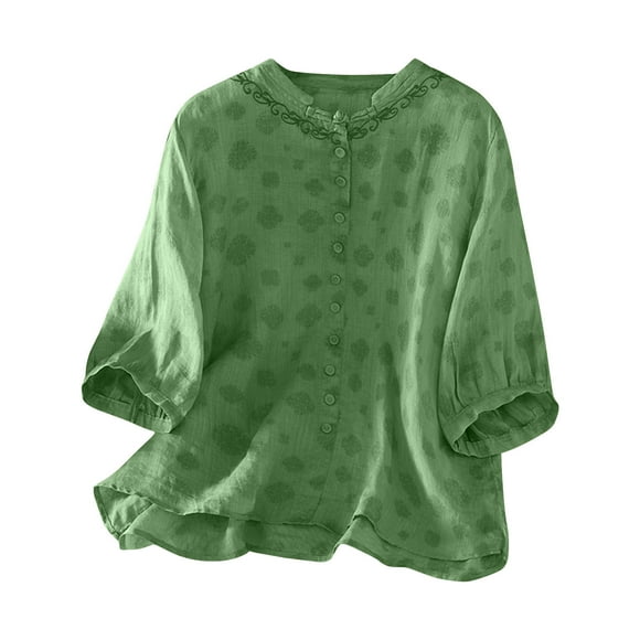 Wo-Fusoul Women's Embroidered Top, 3/4 Sleeve Stand Collar Blouse, Casual Imitation Linen Shirt for Daily Wear and Comfort