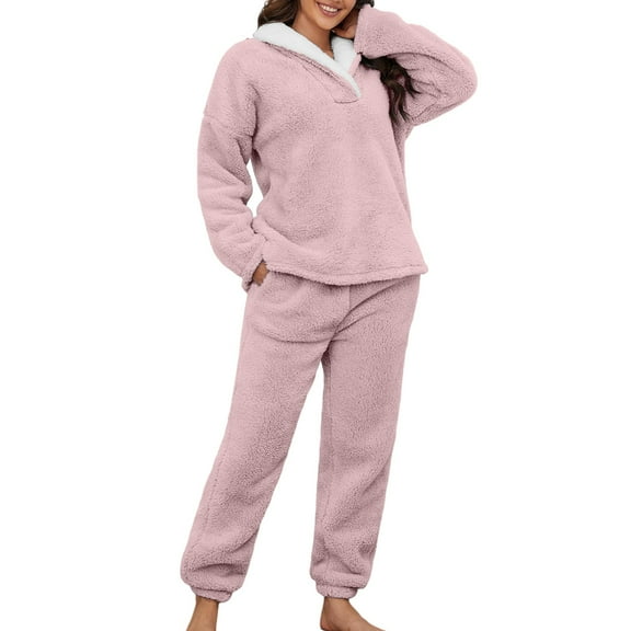 Womens Pajama Sets – Two Piece Lounge Sets for Women Ready for Home Rest or Brunch with Friends Women Fluzzy Pajamas Warm Pullover Lapel Sleepwear Sets