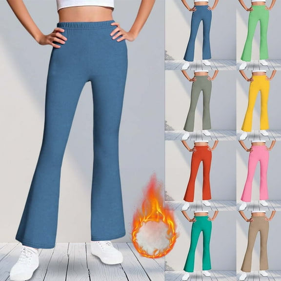 Efsteb Girls Flare Leggings Fleece Lined Bootcut Yoga Pants Solid Color Stretchy High Waisted Winter Warm Bell Bottoms Leggings (Blue,5 Years)