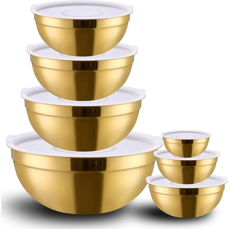 Gold Mixing Bowls with Lids Set of 7, Stainless Steel Nesting Bowl with Khaki Lid for Non-slip Mixing Prepping Storing Serving, 7 Sizes-7/3.6/2.7/2.1/1.5/1/0.8 QT