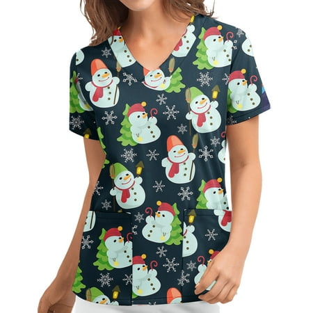 

EHTMSAK Nursing Scrubs Women Christmas Fall Short Sleeve V Neck T Shirt Uniform Workwear Tunic Casual Clinic Blouse Carer Top on Clearance with Pockets Dark Blue L