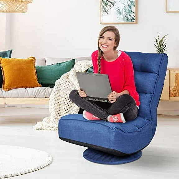 ERGOMASTER Reclining Folding Floor Gaming Chair for Home, Office and Lounging, Reading w/ 360-Degree Swivel, 5 Adjustable Positions, Tufted Cushions (Blue)