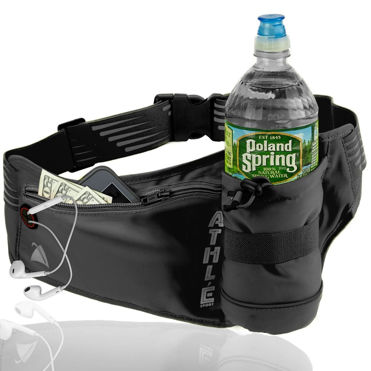 Athle Sport Running Belt Fanny Pack with Bottle Pocket Unisex 360° Reflective Black