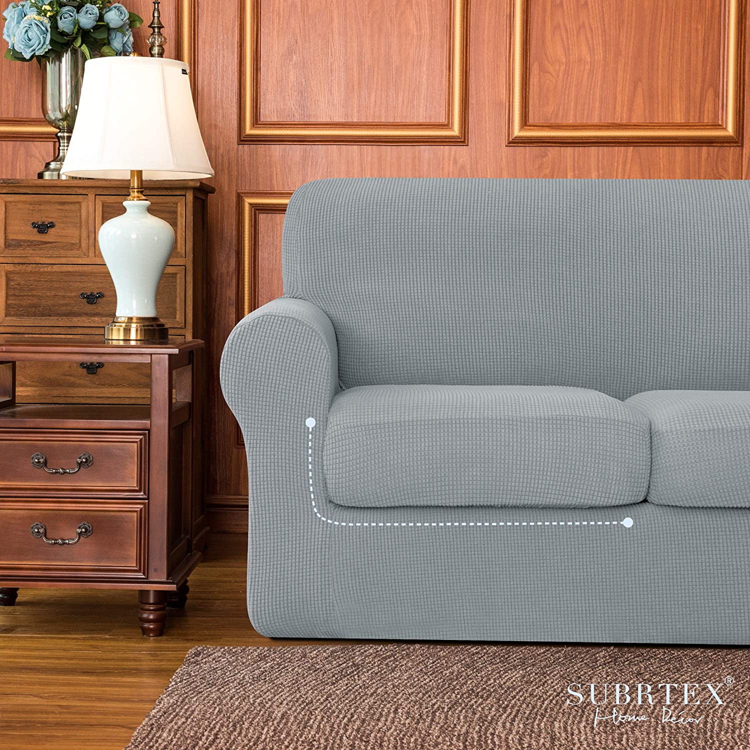Subrtex 4-Piece Stretch Textured Grid Sofa Cover Slipcover,Separate Cushion Cover(Light Gray, Sofa)
