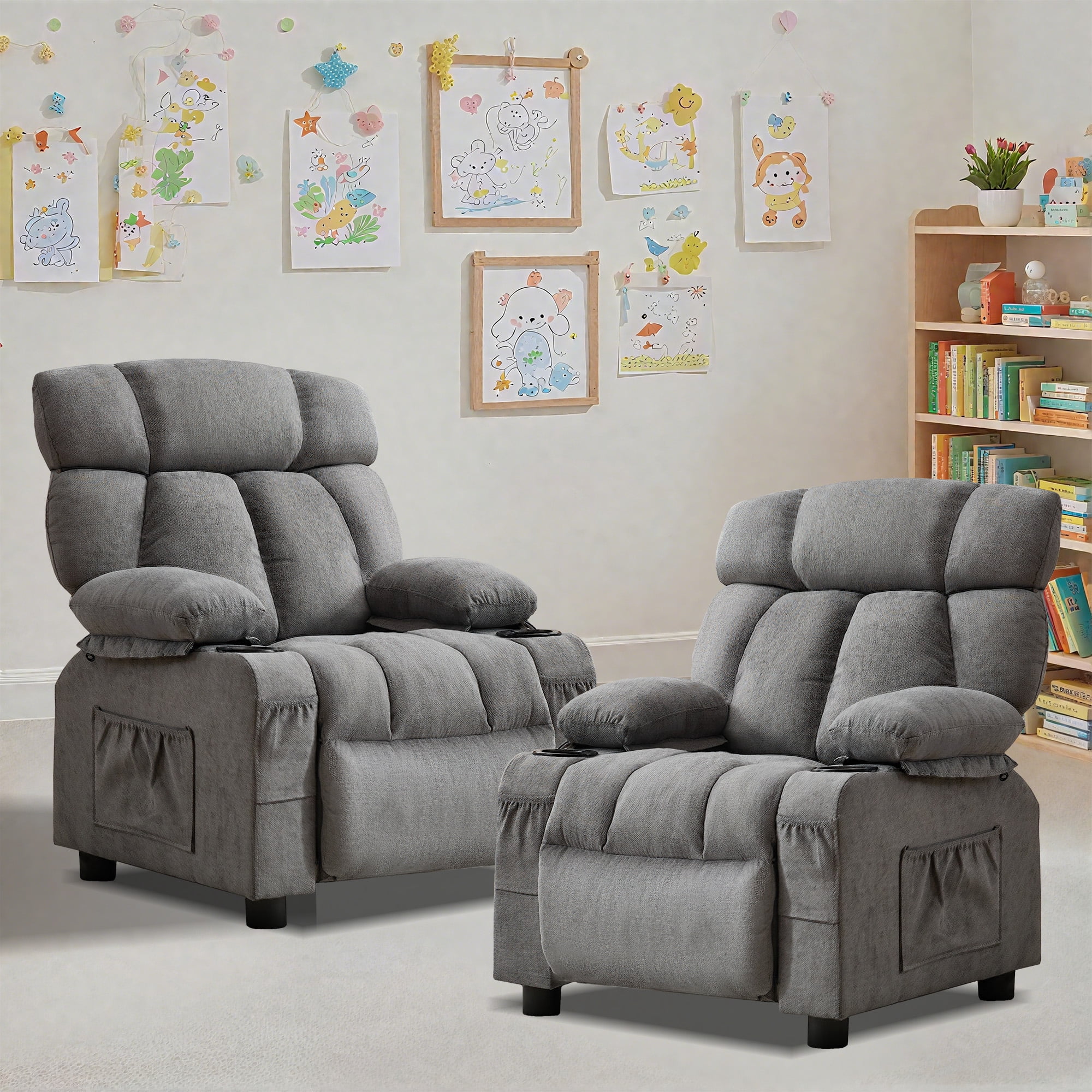 JONPONY Kids Recliner Chair,Push Back Toddler Recliner with Cup Holders & Side Pockets,Adjustable Footrest & Headrest Kids Sofa for Boys Girls 3+ Age Group, Grey