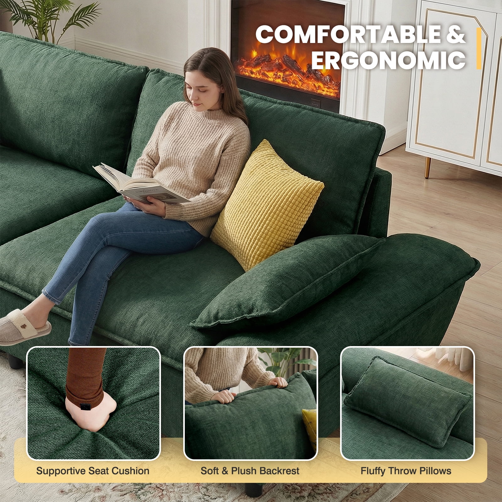 Advwin 114" Oversized Sectional Sofa, Luxury Sailboat Cloud Couch with Adjustable Backrest, Extra Deep Lounge Seating & Wide Arms for Modern Living Room, Dark Green