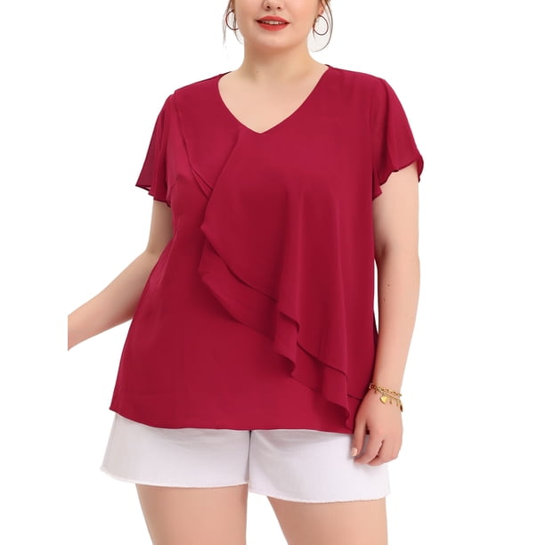 Blusa de mujer de talla grande Agnes Orinda con mangas de murciélago, escote en V y capas de volantes 1X Burdeos