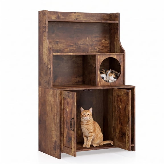 Vebreda Industrial Cat Litter Box Enclosure with Storage Shelves 2-in-1 Wooden Hidden Litter Box Furniture, Multipurpose Design