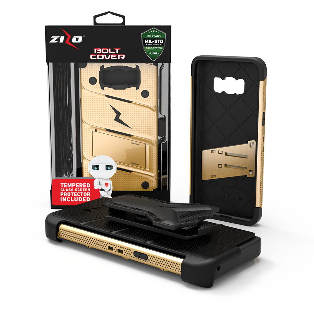 ZIZO BOLT Series for Samsung Galaxy S8 Case Military Grade Drop Tested with Tempered Glass Screen Protector, Holster GOLD BLACK