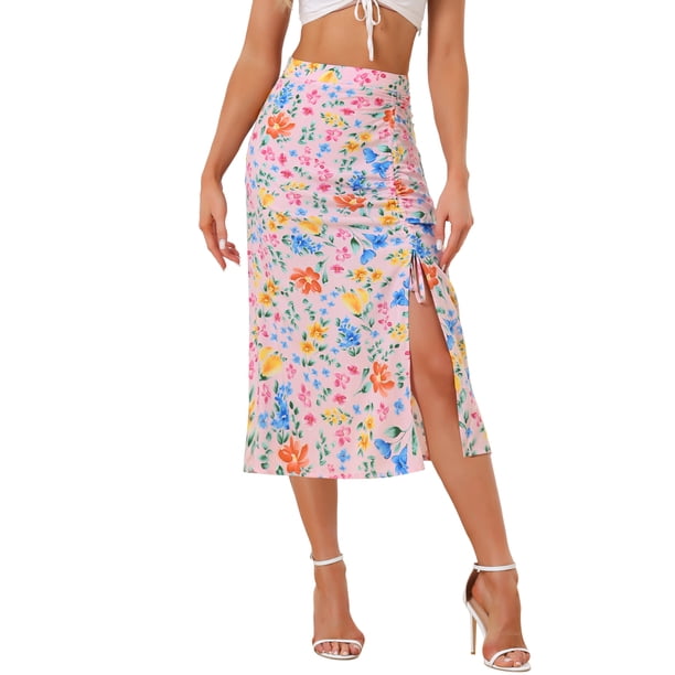 Faldas hawaianas para mujeres INSPIRE CHIC 2024, falda tropical con fruncido frontal y abertura en la playa de verano, color rosa