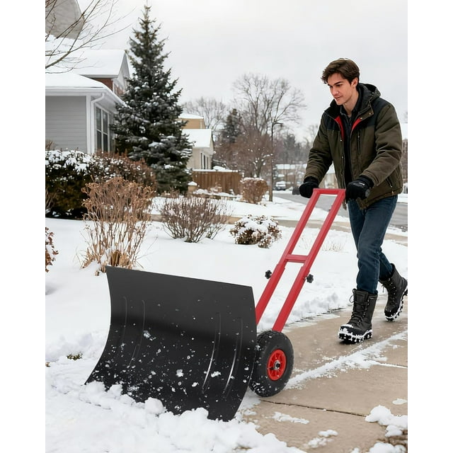 Twister.CK Pelle à Neige avec Roues, Pousse-Neige à Double Tige Robuste avec Lame en Métal 29"L X 19.8"H, Poignée à Angle et Hauteur Réglables pour Entrée Trottoir Cour, Noir