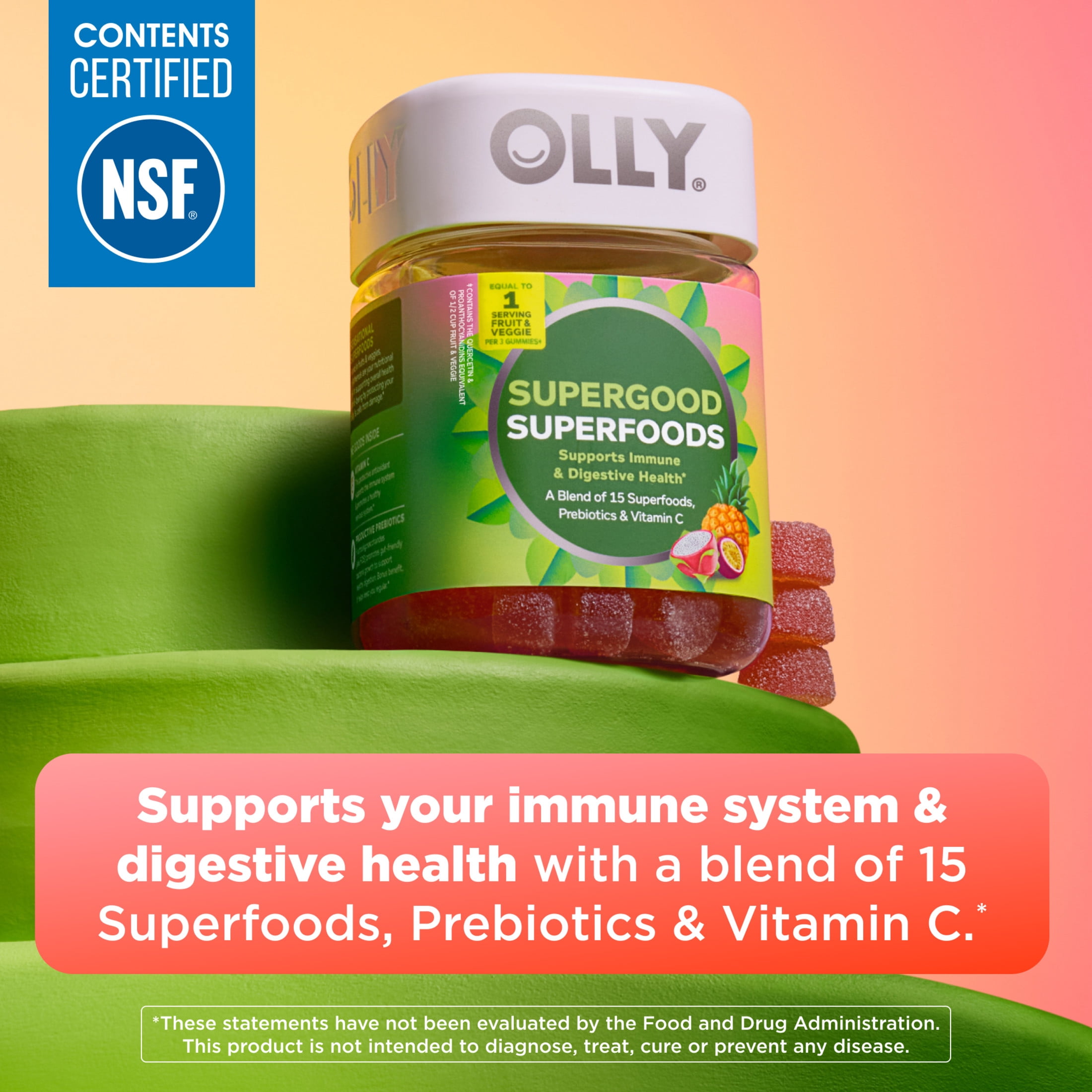 OLLY Supergood Superfoods Gummy Supplement, 15 Superfoods, Prebiotics, Vitamin C, Tropical Bliss Flavor, 60 Ct