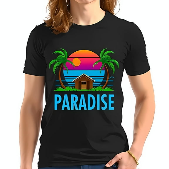 Tropical Paradise Graphic Cotton Short Sleeve T-Shirt with Trees Beach & Sunset Design