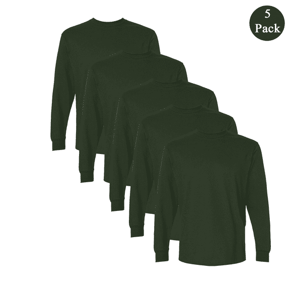 Gildan Ultra Cotton Men's T-Shirt, Pullover 100% Cotton Long Sleeve Forest Green 5 Pack Crew Tee, S