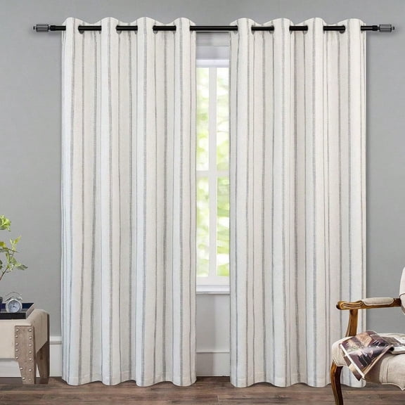 Farmhouse Linen Blend Blackout Curtains 84 Inches Long For Bedroom Vertical Striped Printed Linen Curtains Thermal Insulated Lined Treatments For Living Room 2 Panels W52 X L84 Grey