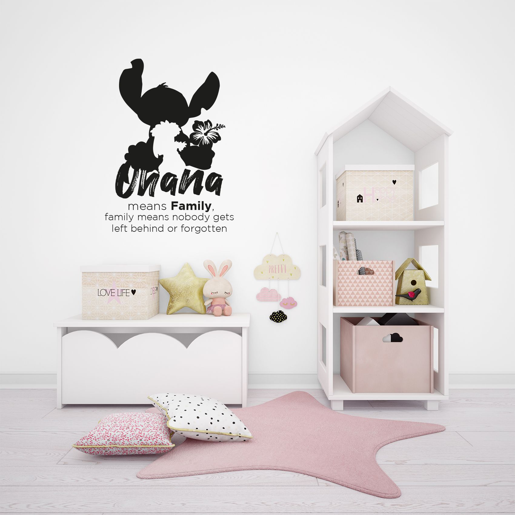 Ohana Means Family, Family Means Nobody Gets Left Behind Or Forgotten Lilo And Stitch Hibiscus Cute Silhouette Vinyl Wall Art Wall Sticker Wall Decal For Home Wall Decoration Décor Design (40x40 inch)