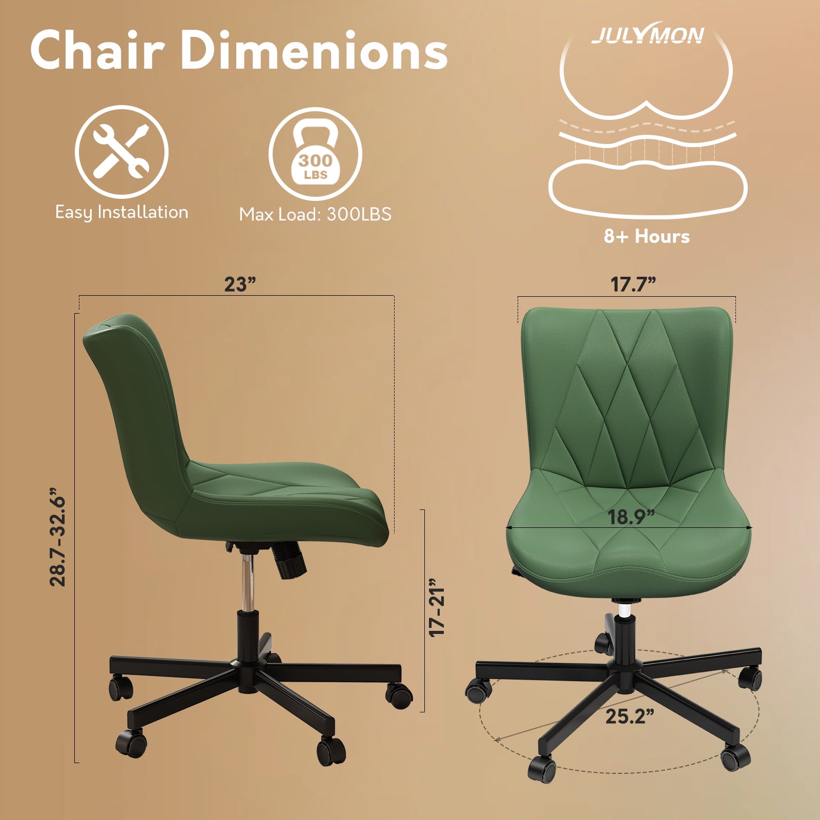 iooHug Armless Office Chair, PU Leather Small Computer Desk Chair with Wheels, Adjustable Swivel Vanity Chair with Memory Foam Cushion, No Arms Task Chair for Home Office, Bedroom, Green