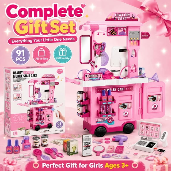 2-in-1 Kids Makeup Vanity Trolley Playset 91Pcs Pretend Beauty Salon Toy with Cash Register Scanner Music Lights, Role Play Gift for 3 Boys Girls Birthday Christmas