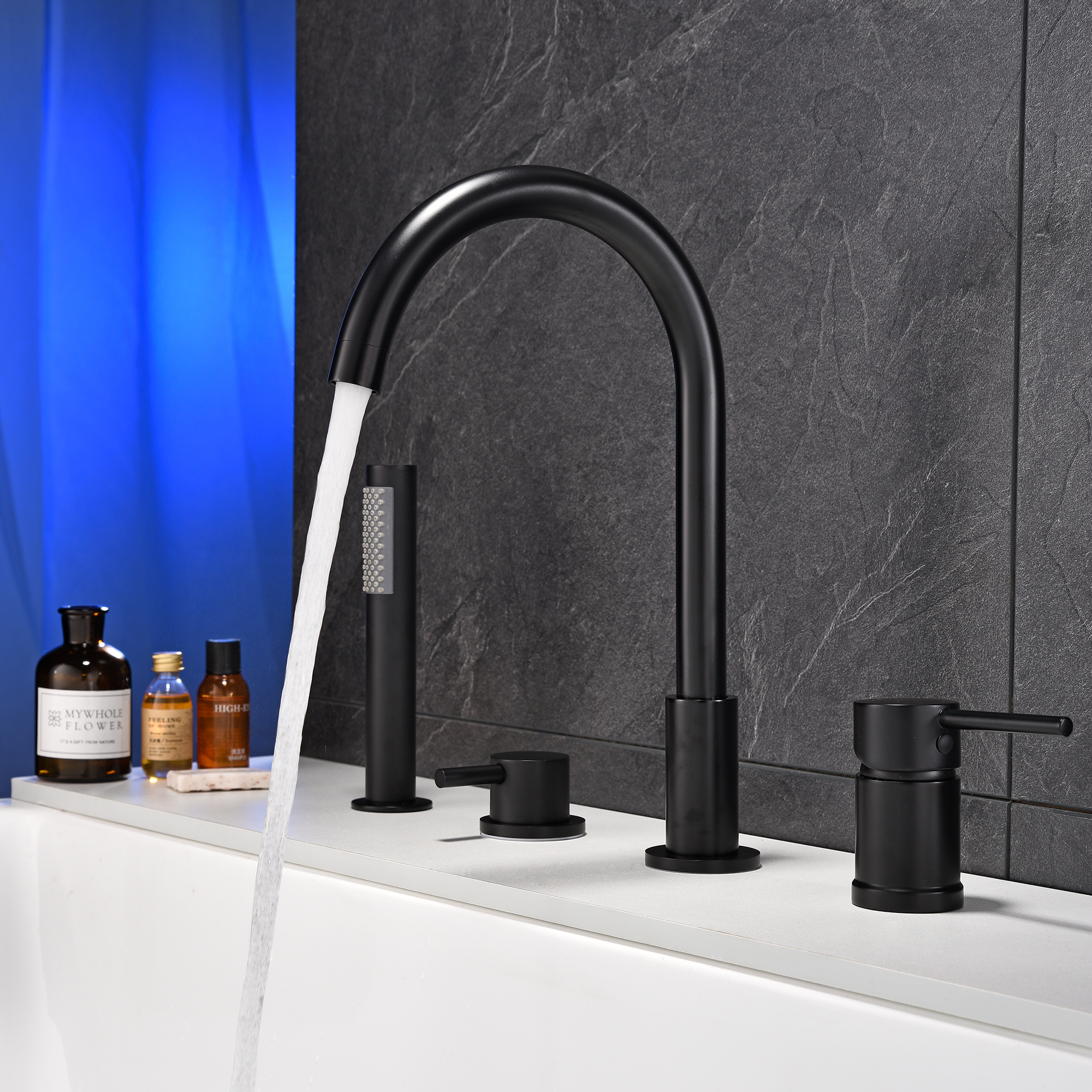 Classic Rotable 360 Degree Deck Mounted Four Holes Roman Bathtub Filler, Dual Handles Tub Faucet with Hand Held Spray