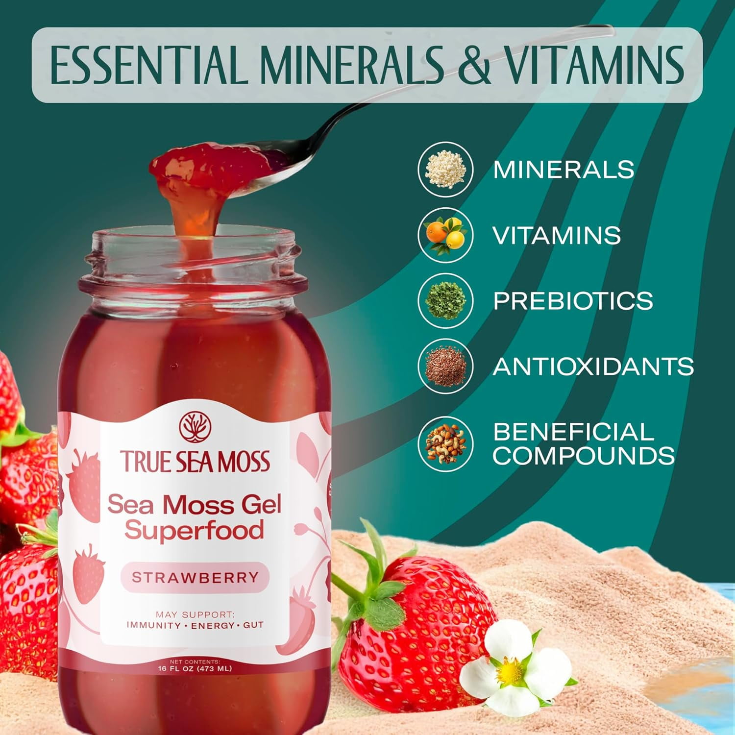 TrueSeaMoss Wildcrafted Irish Sea Moss Gel, Strawberry Flavor