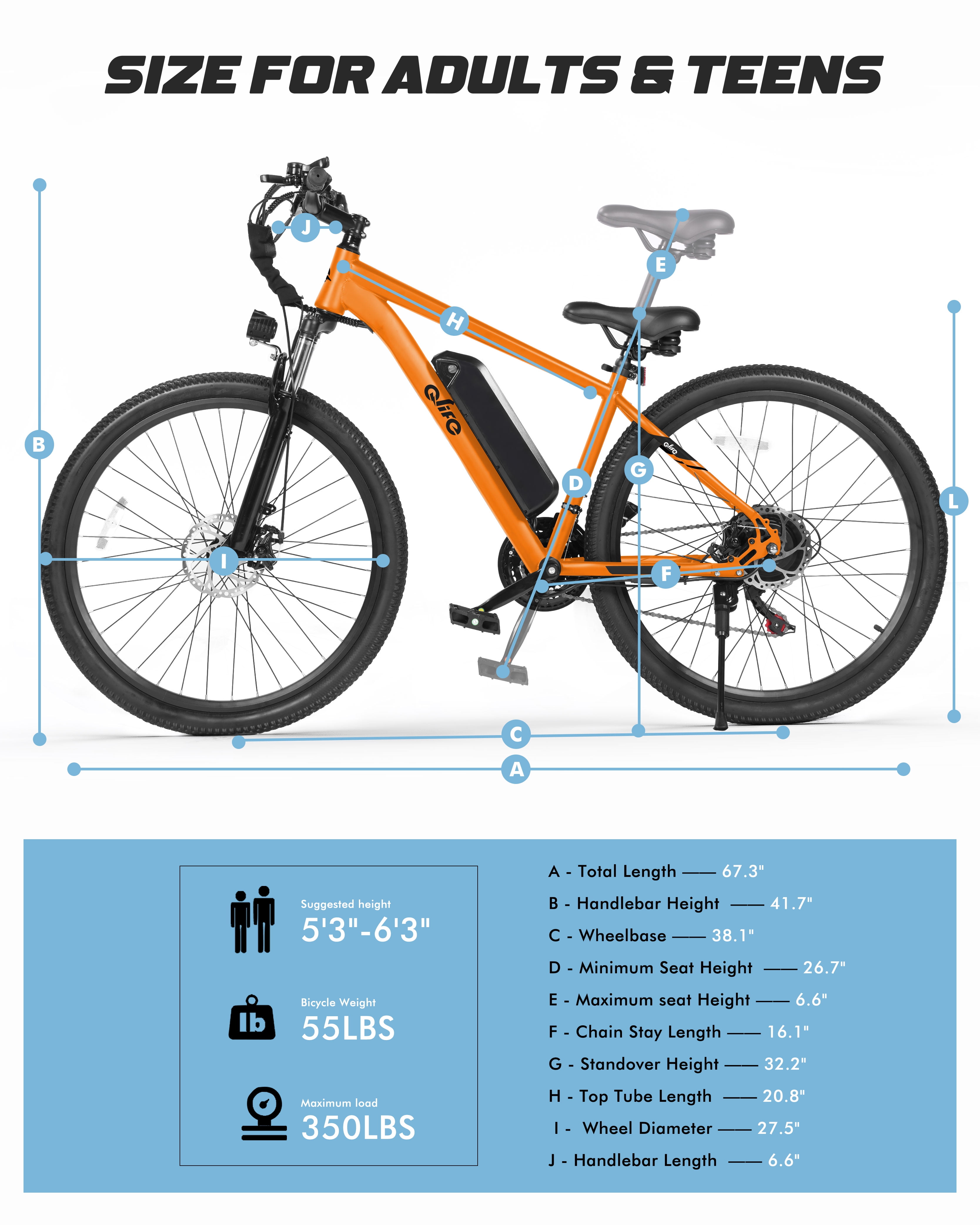 Qlife Racer Electric Bicycle for Adults, 21-Speed Mountain Ebike with Peak 1200W 28MPH Brushless Motor, 48V10.4Ah, 27.5X2.1 Tire,Orange