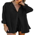 thumbnail image 1 of Women Two-piece Pants Suit  Solid Color Long Sleeve Blouse and Drawstring Elastic Waist Shorts, 1 of 5