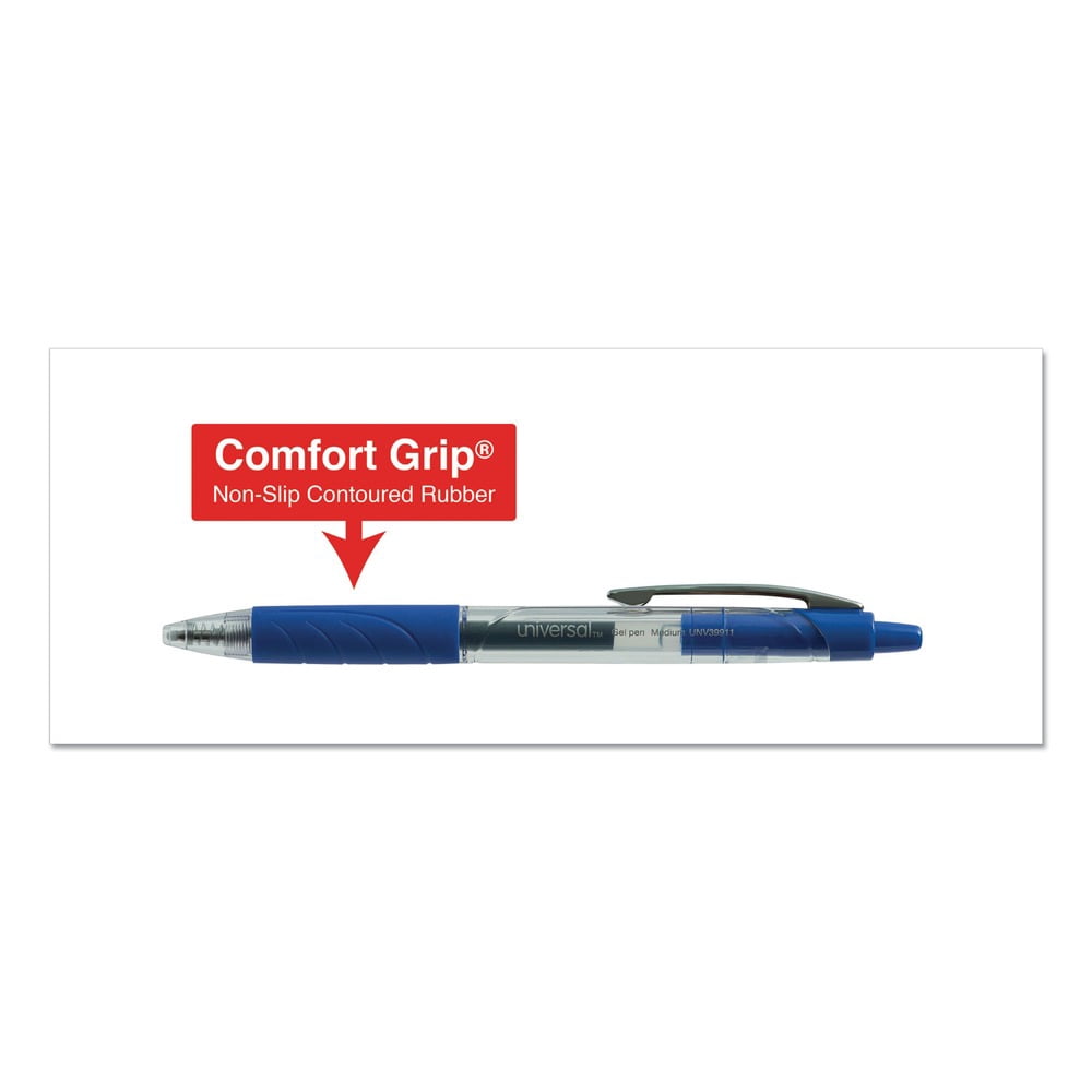Universal UNV39911 0.7 mm. Medium Comfort Grip Retractable Gel Pen - Blue Ink, Clear/Blue Barrel (36/Pack)