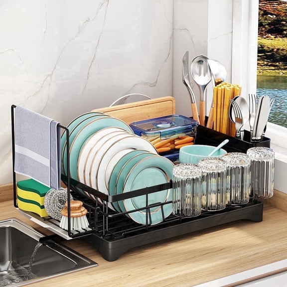Drying Rack Dish Rack Drain Set with Utensil Cups Holders for Kitchen Counter, Cutting Board Holder, Stainless Steel Kitchen Dishes Storage and Organizers