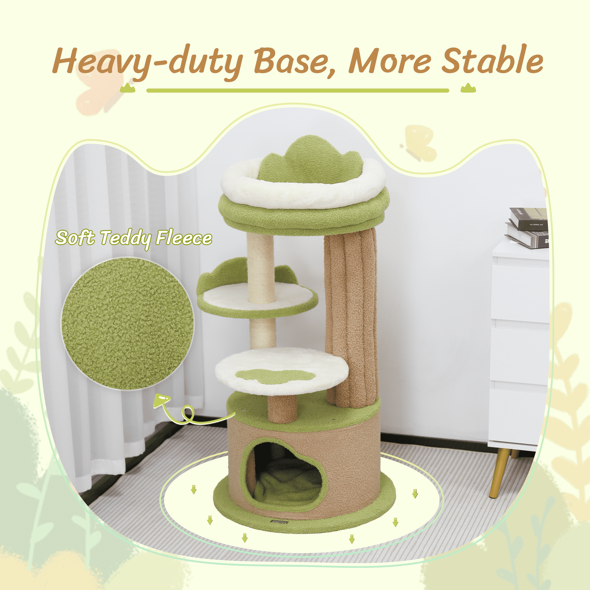 LHBCraft 42.5" Green Cat Tree with Aesthetic,Teddy Fleece, Velcro Cat Condo, Unique Cat Furniture for Small Space