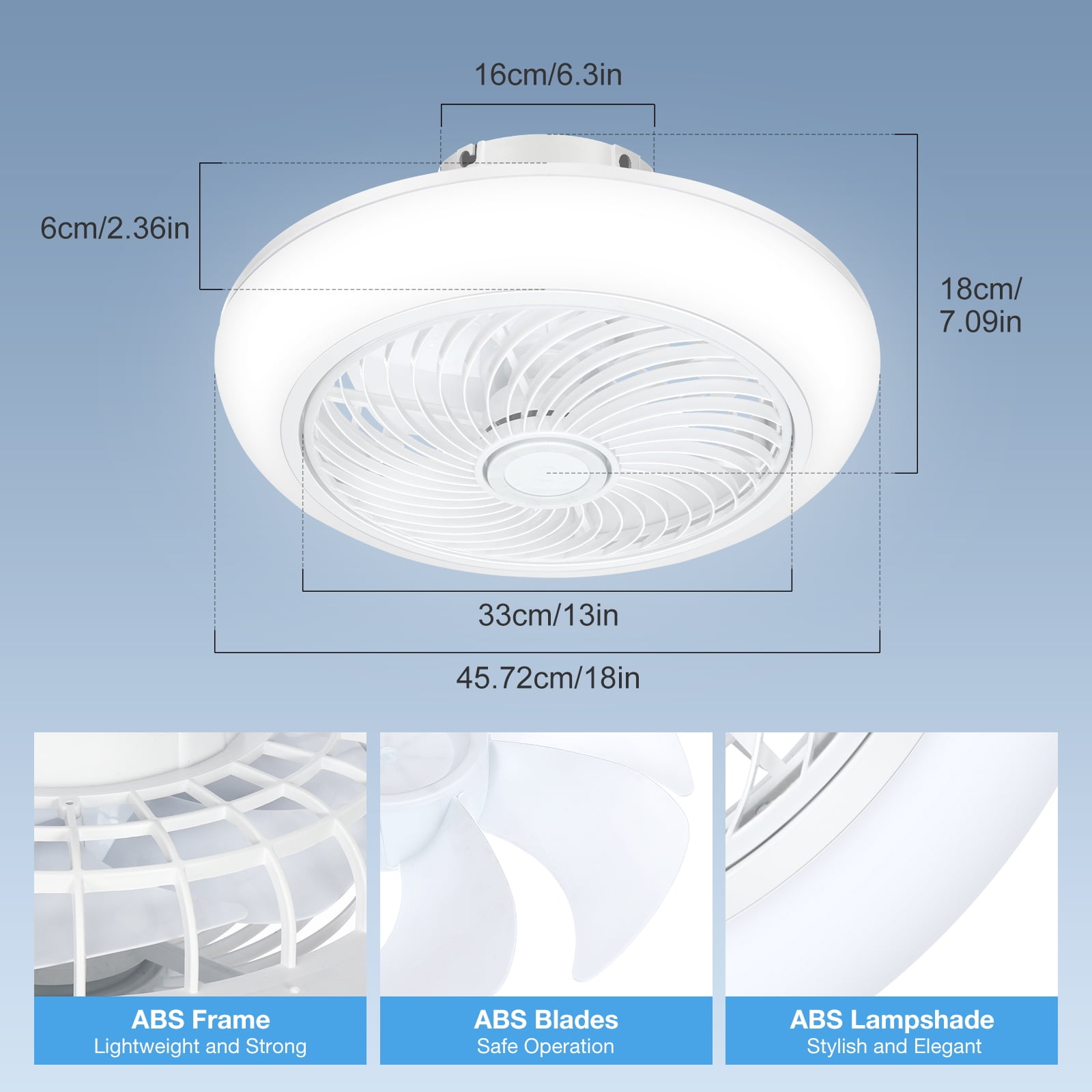 18in Indoor Ceiling Fan with Light, Remote & APP Control, 3 Colors Lighting and 6 Wind Speeds, Invisible Bladeless Ceiling Fan, Timing Setting