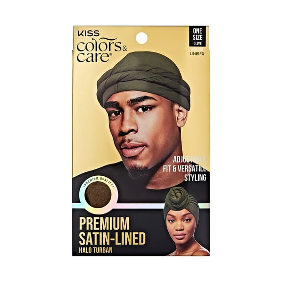 KISS Colors & Care Premium Satin-Lined Halo Turban, Pre-Tied, One Size Fits All, Olive