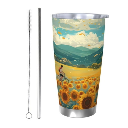 

Qekee Field Style Bicycle Young Sunflower Print 20OZ Car Cup Stainless Steel Vacuum Insulated Tumbler Tumbler Cup With Lid And Straw Travel Coffee Mug-Straw Two-piece Set