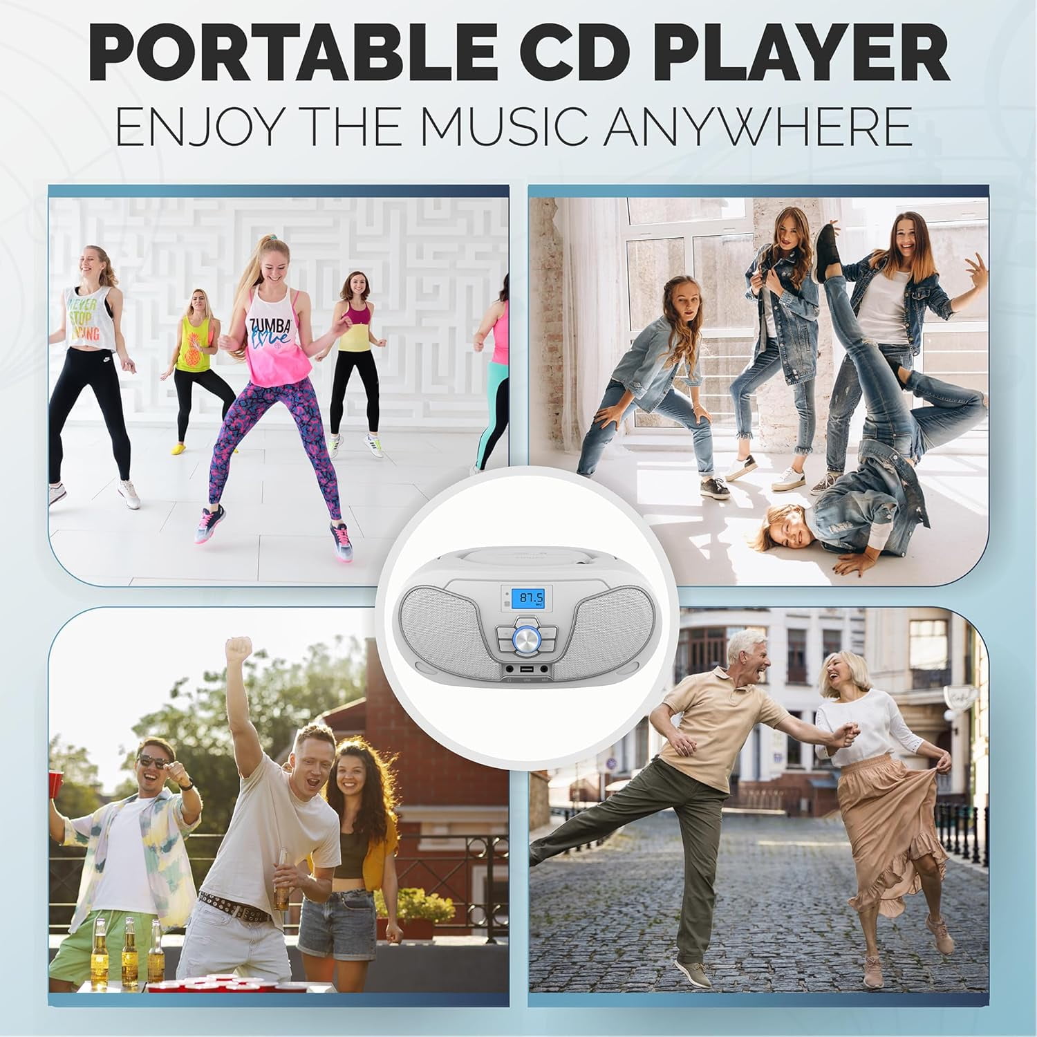 Philips Bluetooth Portable Boombox with Top-Loading CD Player, FM Radio, USB Playback, and Dynamic Bass Boost - White