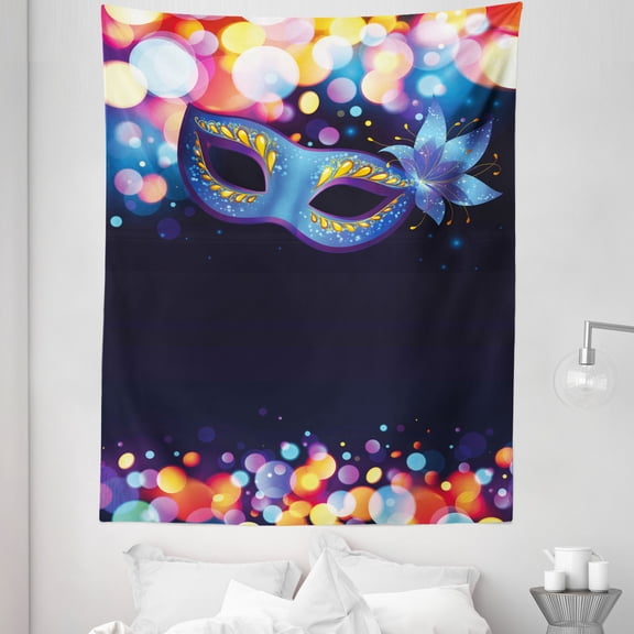Venice Tapestry, Vivid Blue Carnival with Ornate Flower and Colorful Dots Masquerade Tradition, Fabric Wall Hanging Decor for Bedroom Living Room Dorm, 5 Sizes, Multicolor, by Ambesonne