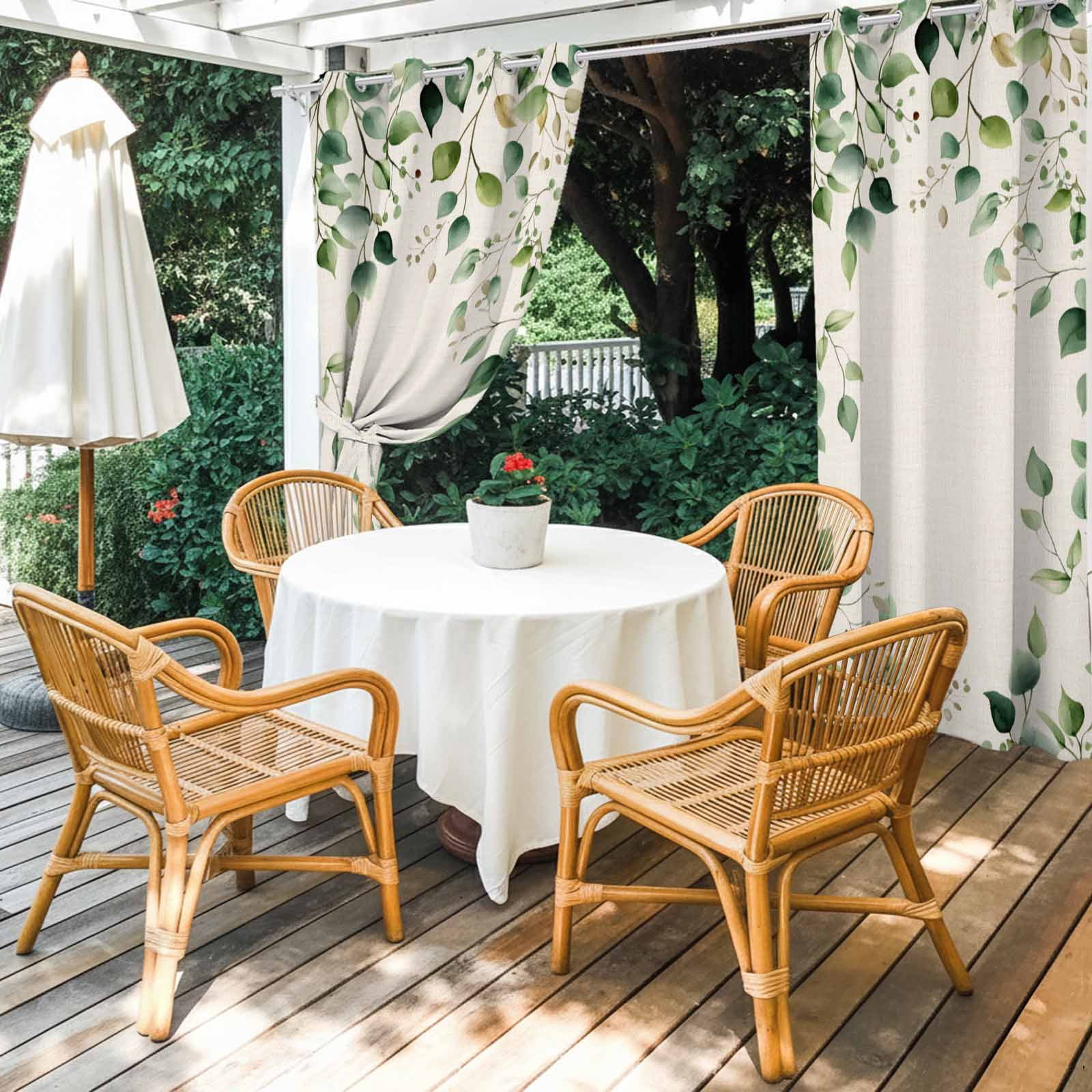 Outdoor Curtains for Patio Waterproof, Eucalyptus Leaf Windproof Pravicy Outside Porch Blackout Curtain, Watercolor Green Plant Vintage Country Sun Blocking Grommets Curtains for Cabana 54"x95"