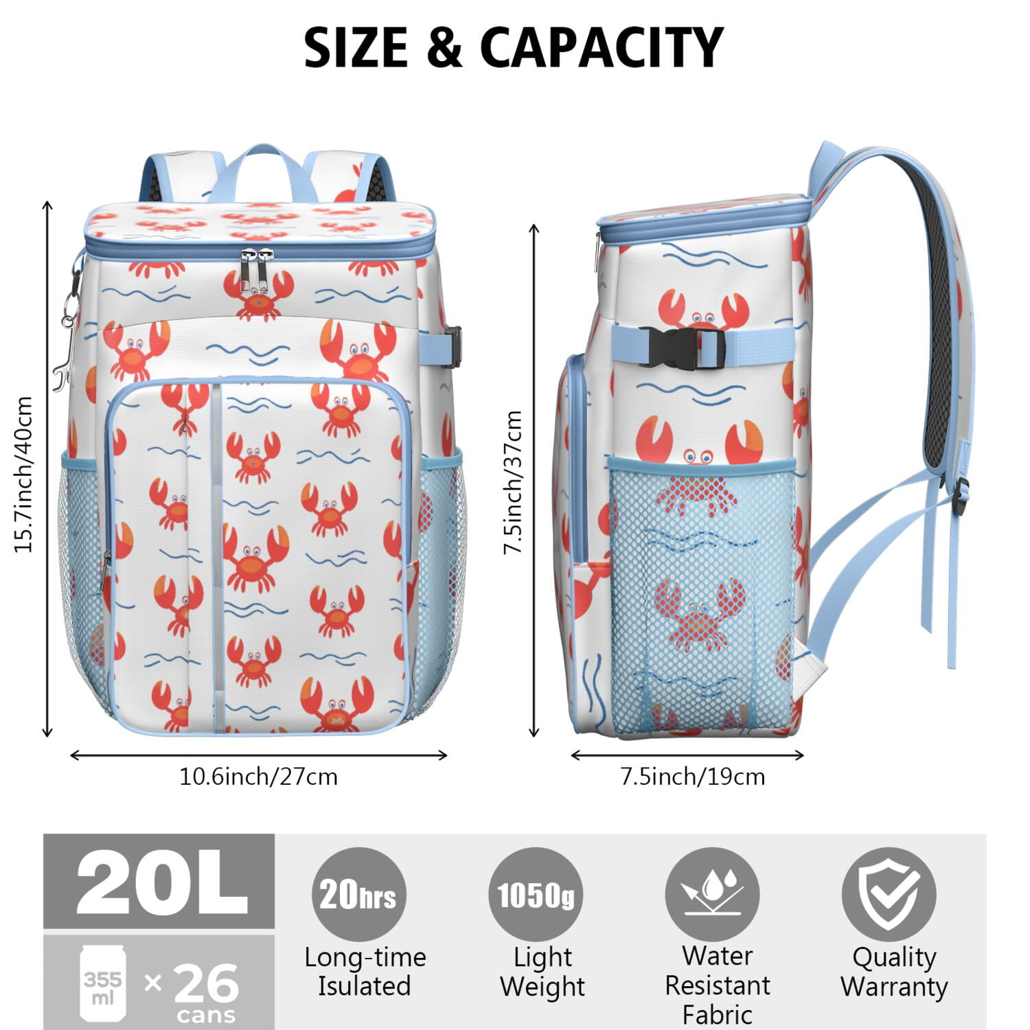 Marine Adorable Crab Cooler Backpack Insulated Waterproof Leak Proof Insulated Cooler Backpack Lightweight Lunch Picnic Camping Backpack Cooler for Office Workers Outdoor Enthusiasts
