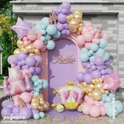 PageebO Princess Balloon PresNok Garland Arch, 154Pcs Pastel Blue Gold Balloons with Castle Carriage Star Foil Balloons for Girls Princess Rainbow Baby Shower Birthday Fairytales Party Decortion