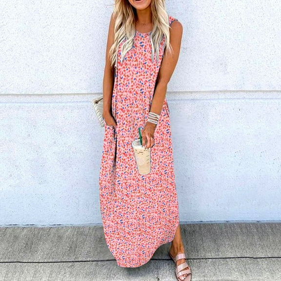 Azrian Summer Dresses Women Casual Loose Summer Printed Tank Dress Beach Sundress Crewneck Sleeveless Dresses