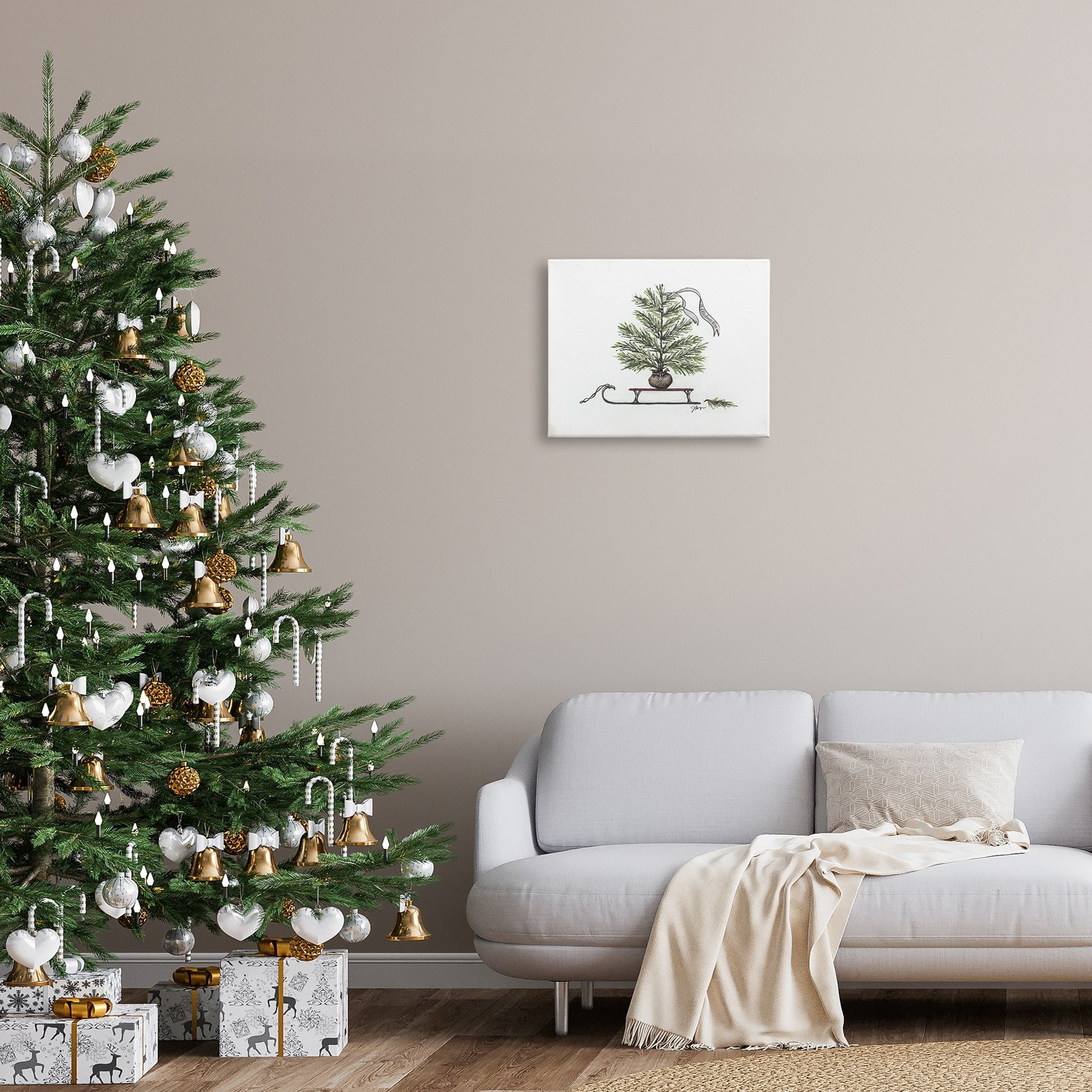 Endearing Christmas Fir Tree Sleigh Festive Ribbon Botanical & Floral Painting Gallery-Wrapped Canvas Print Wall Art